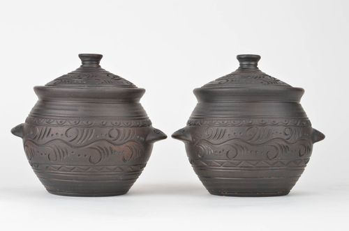 Marmites en terre cuite 2 pièces 1 L chacune marron foncé vaisselle faite main - MADEheart.com