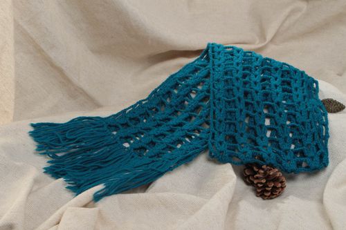 Ажурный шарф крючком вязаный темный синий стильный длинный ручная работа - MADEheart.com