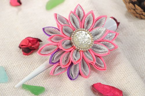 Handmade decorative hair clip with volume satin ribbon and lurex kanzashi flower - MADEheart.com
