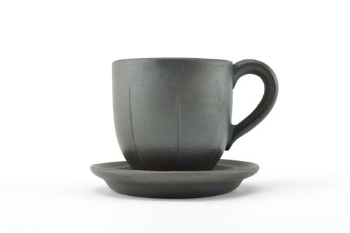 Black smoked clay no glaze 5 oz coffee cup with handle and saucer - MADEheart.com