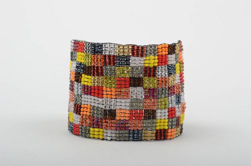 Wide handmade beaded wrist bracelet in patchwork design for women - MADEheart.com