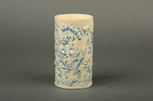 Milk ceramic handmade mug in white and blue color with floral pattern 0,54 lb - MADEheart.com