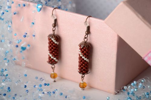 Handmade designer dangle earrings crocheted of beads in autumn color palette - MADEheart.com