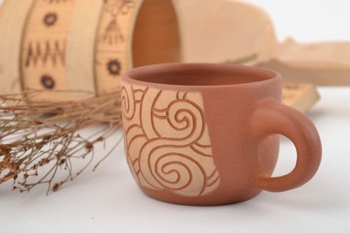 10 oz terracotta color clay cup for coffee with cave drawings - MADEheart.com