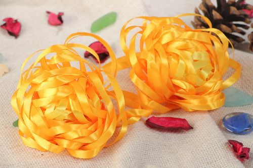 Set of handmade designer orange ribbon flower hair ties 2 pieces - MADEheart.com