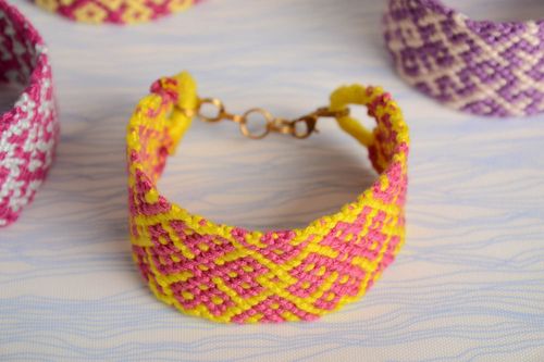 Pink and yellow handmade bright wide bracelet woven of embroidery floss - MADEheart.com