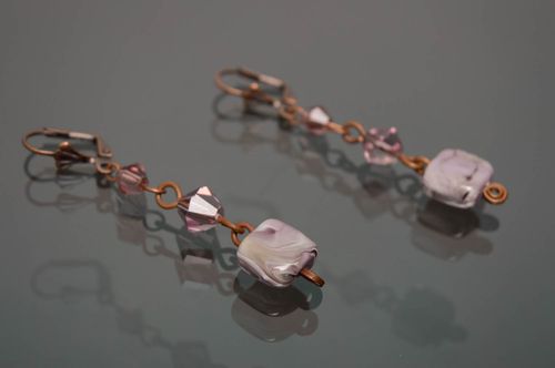 Long earrings with lampwork glass beads Violets - MADEheart.com