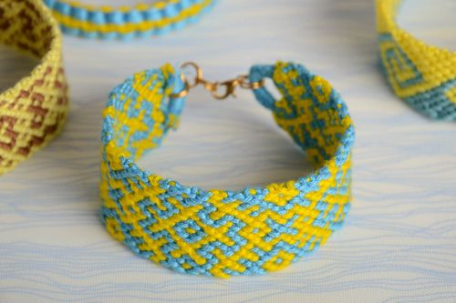 Yellow and blue handmade beautiful wide woven embroidery floss bracelet - MADEheart.com