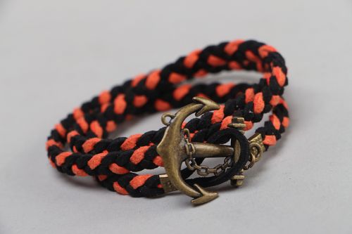 Handmade marine bracelet woven of faux suede cord of black and orange colors - MADEheart.com