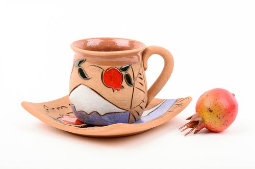 Clay cup in Japanese style with handle and saucer 0,31 lb - MADEheart.com