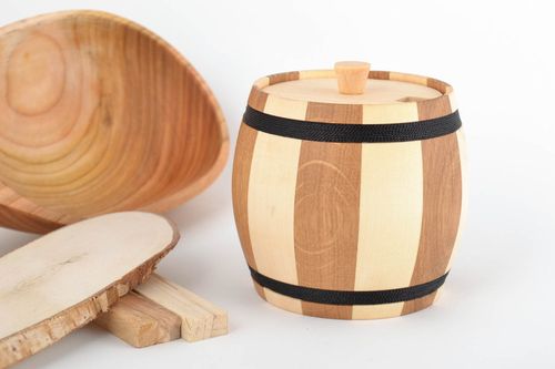Handmade natural eco wooden sugar bowl in the shape of striped barrel 300 ml - MADEheart.com