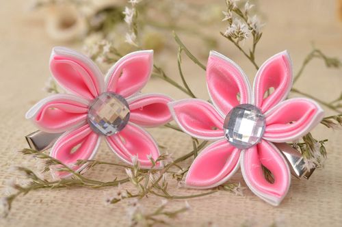 Homemade jewelry set designer accessories flower hair clips kanzashi flowers - MADEheart.com