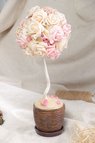 Handmade decorative foamiran topiary tree of pink color with sisal in wooden pot - MADEheart.com