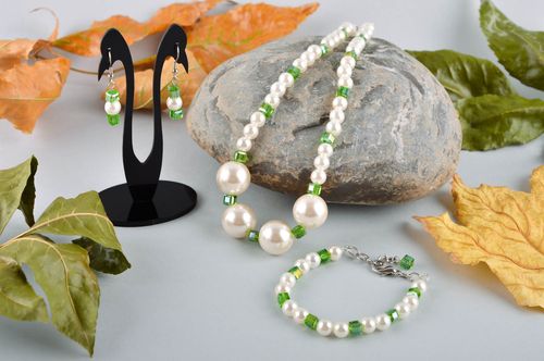 Schmuck Set handgefertigt lange Ohrringe Damen Armband Collier Halskette  - MADEheart.com