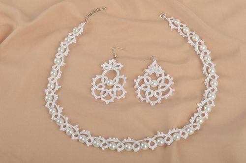 Beautiful handmade textile jewelry necklace and earrings tatting jewelry set - MADEheart.com
