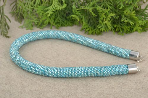 Festive massive handmade woven blue beaded cord necklace with Japanese beads - MADEheart.com