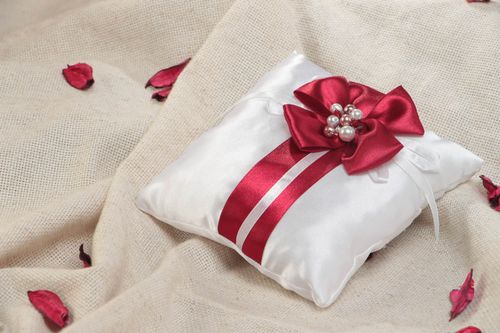 Beautiful handmade solemn satin ring bearer pillow with red flower - MADEheart.com