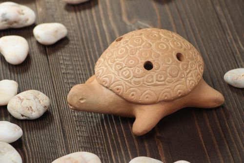 Small handmade designer beige clay ocarina ceramic penny whistle Turtle - MADEheart.com