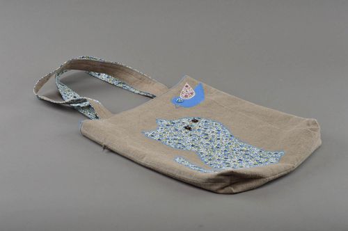 Handmade designer linen fabric bag gray and blue with applique work Kitten - MADEheart.com
