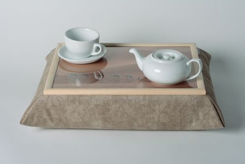 Grey handmade decorative tray cushion made of velvet and acrylic fabrics - MADEheart.com