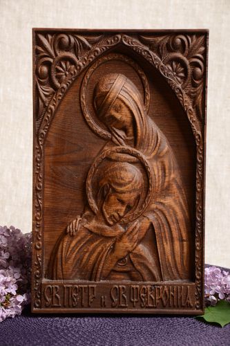Handmade decorative wooden icon of St. Peter and Fevronia carved manually - MADEheart.com