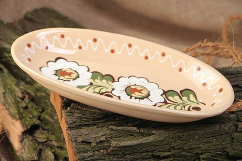 Handmade narrow long plate painted with colorful glaze for serving fish  - MADEheart.com