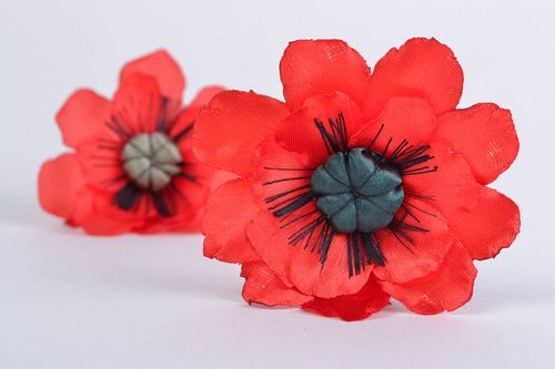 Handmade designer bright satin ribbon flower brooch Red Poppy present for women - MADEheart.com