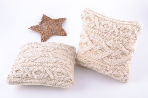 Set of two handmade semi woolen knitted cushion covers of tender cream color - MADEheart.com