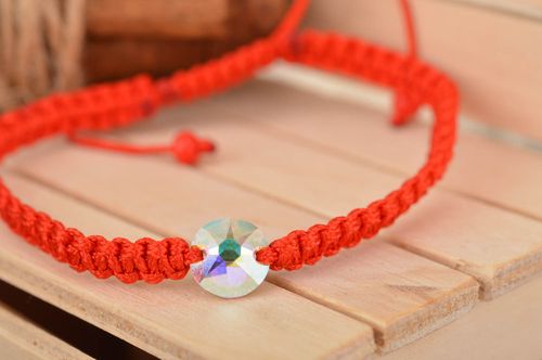 Festive red handmade bracelet made of silk threads with strass on strings - MADEheart.com