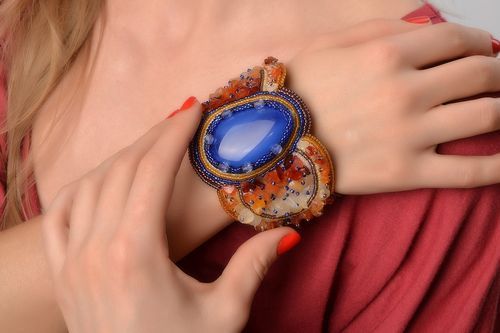 Handmade massive wrist bracelet embroidered with Czech beads and blue stone  - MADEheart.com