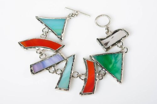 Designer handmade womens wrist bracelet red blue and green glass and metal - MADEheart.com