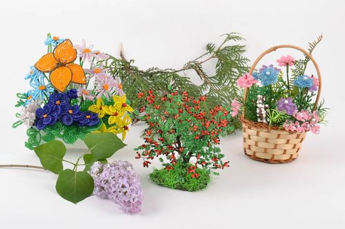 Set of handmade beaded decorations designer artificial colorful flowers 3 items - MADEheart.com