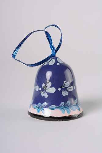 Small handmade decorative glazed maiolica ceramics hanging bell of blue color - MADEheart.com