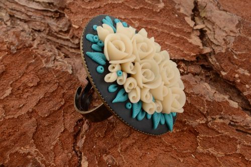 Handmade large designer round polymer clay floral jewelry ring with metal basis - MADEheart.com