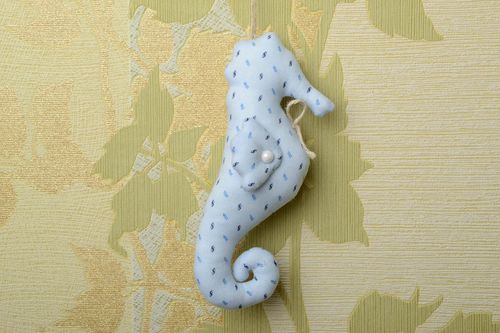 Handmade decorative wall hanging soft toy sea horse sewn of blue cotton fabric - MADEheart.com