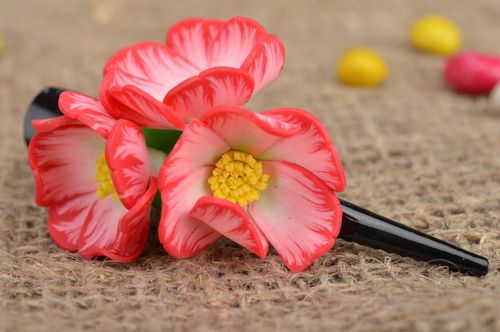 Designer handmade hair clip with 3 polymer clay volume pink apricot flowers - MADEheart.com