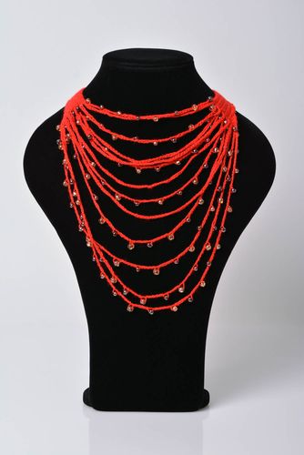 Handmade crocheted necklace with beads red multi-row accessory for fancy dress - MADEheart.com