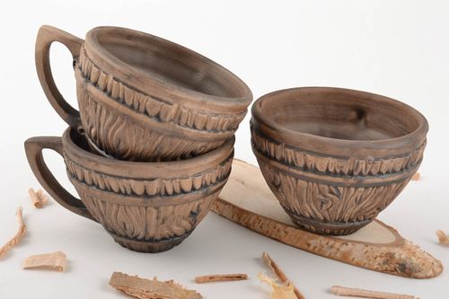 Set of three ceramic tea cups molded of white clay 11 oz each - MADEheart.com
