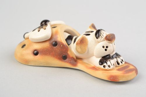 Handmade decorative miniature ceramic figurine painted with glaze cat in slipper - MADEheart.com