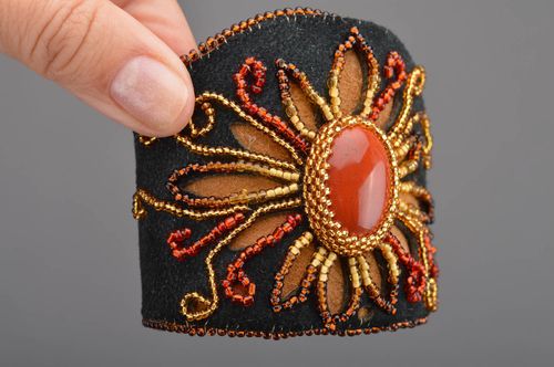 Handmade massive wide leather wrist bracelet embroidered with beads black  - MADEheart.com