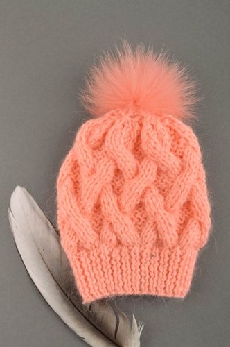 Детская вязаная шапка ручной работы шапка с мехом зимняя шапка персикового цвета - MADEheart.com