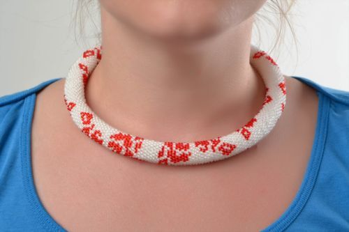 Beaded cord necklace white with red crocheted handmade accessory red rose - MADEheart.com
