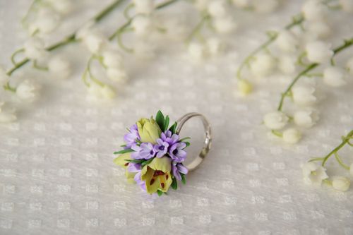 Handmade volume tender violet polymer clay floral ring with metal basis  - MADEheart.com