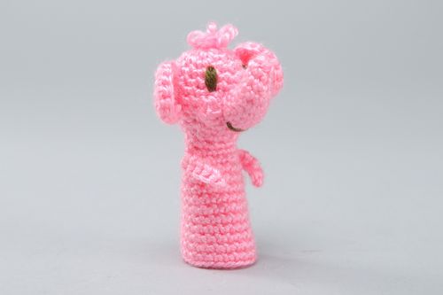 Handmade finger puppet in the shape of pink elephant crocheted of acrylic threads - MADEheart.com