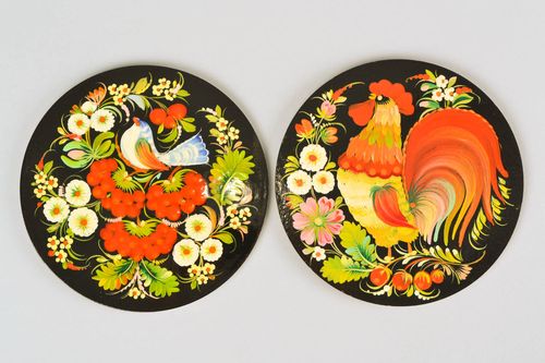 Aimants frigo en contreplaqué peinture de Petrykivka faits main ronds 2 pièces - MADEheart.com