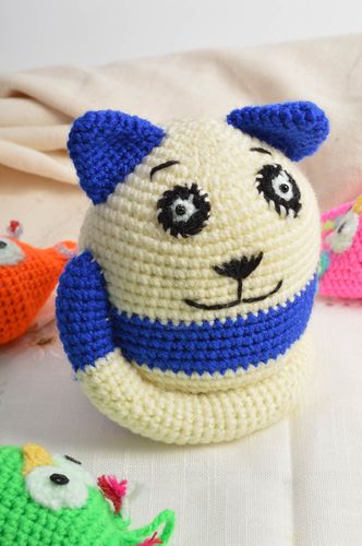 Nice white-blue handmade small round soft toy crocheted in form of cat - MADEheart.com