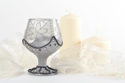 Handmade designer festive glass candlestick with gray acrylic painting - MADEheart.com