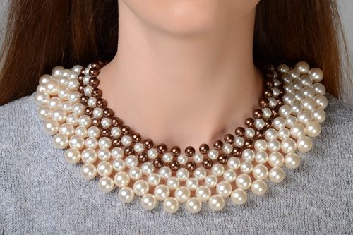 Gentle brown and white handmade woven bead necklace - MADEheart.com