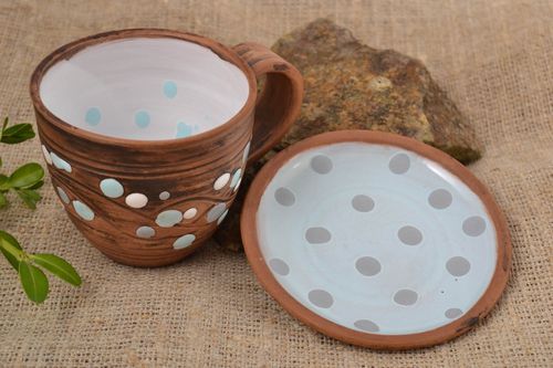 Rustic 3 oz clay cup for coffee and tea with handle and pattern 0,61 lb - MADEheart.com
