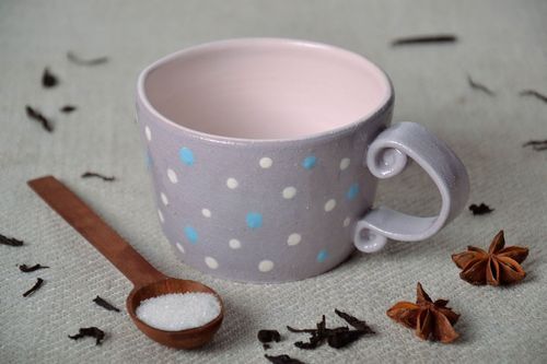 Gray decorative 5 oz tea cup with small white dots pattern - MADEheart.com